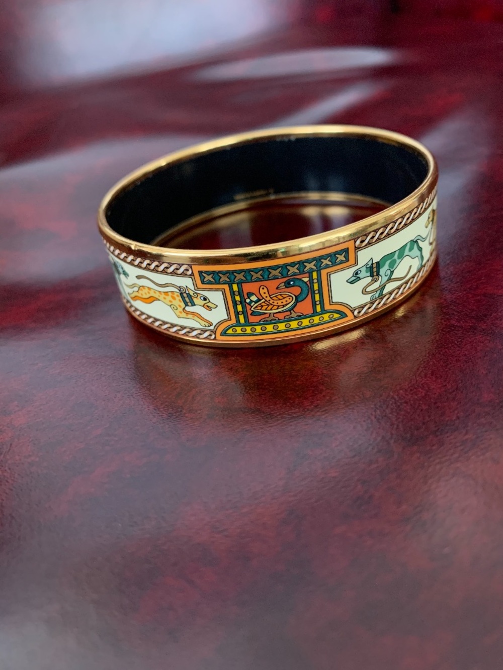Hermes La Maison Gold-Tone Enamel Bangle with White, Green & Orange Panels